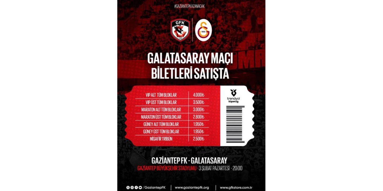 Gaziantep FK-Galatasaray maçı biletleri satışta çıktı