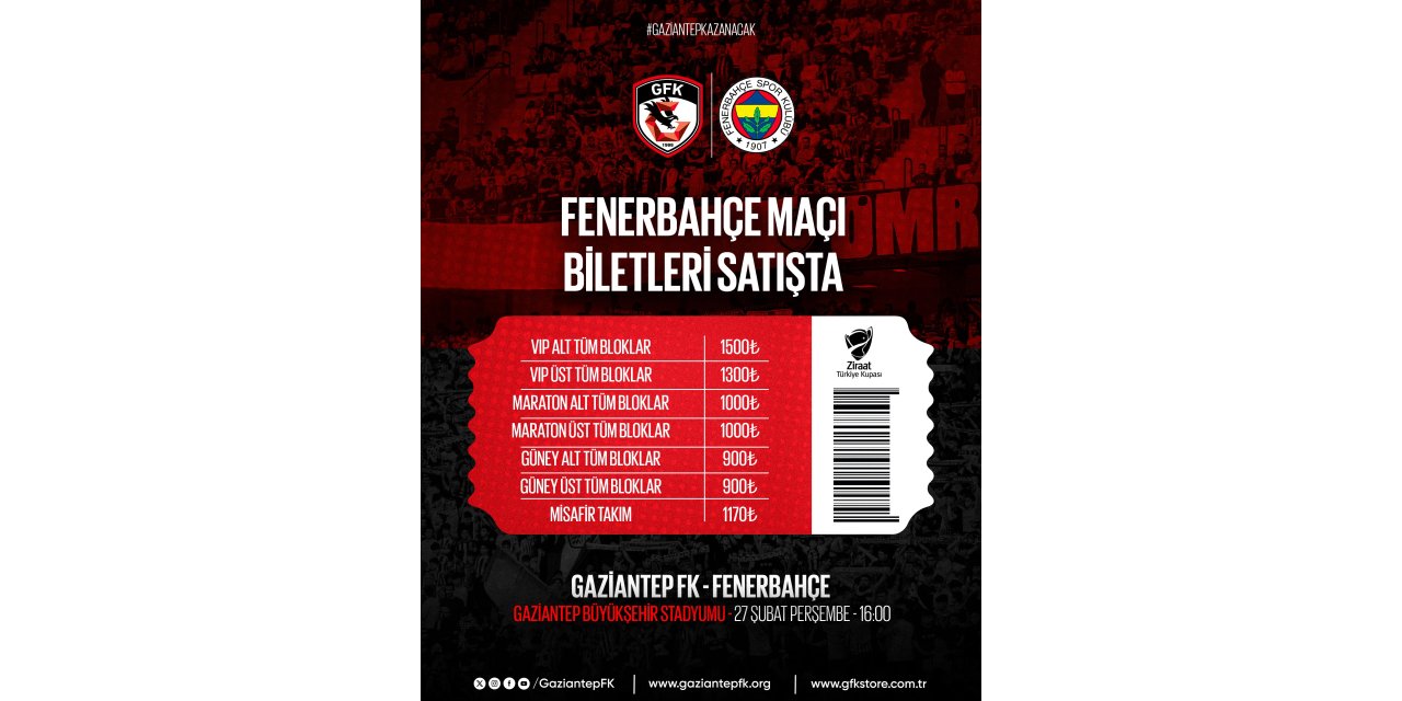 Gaziantep FK - Fenerbahçe maçı biletleri satışa çıktı