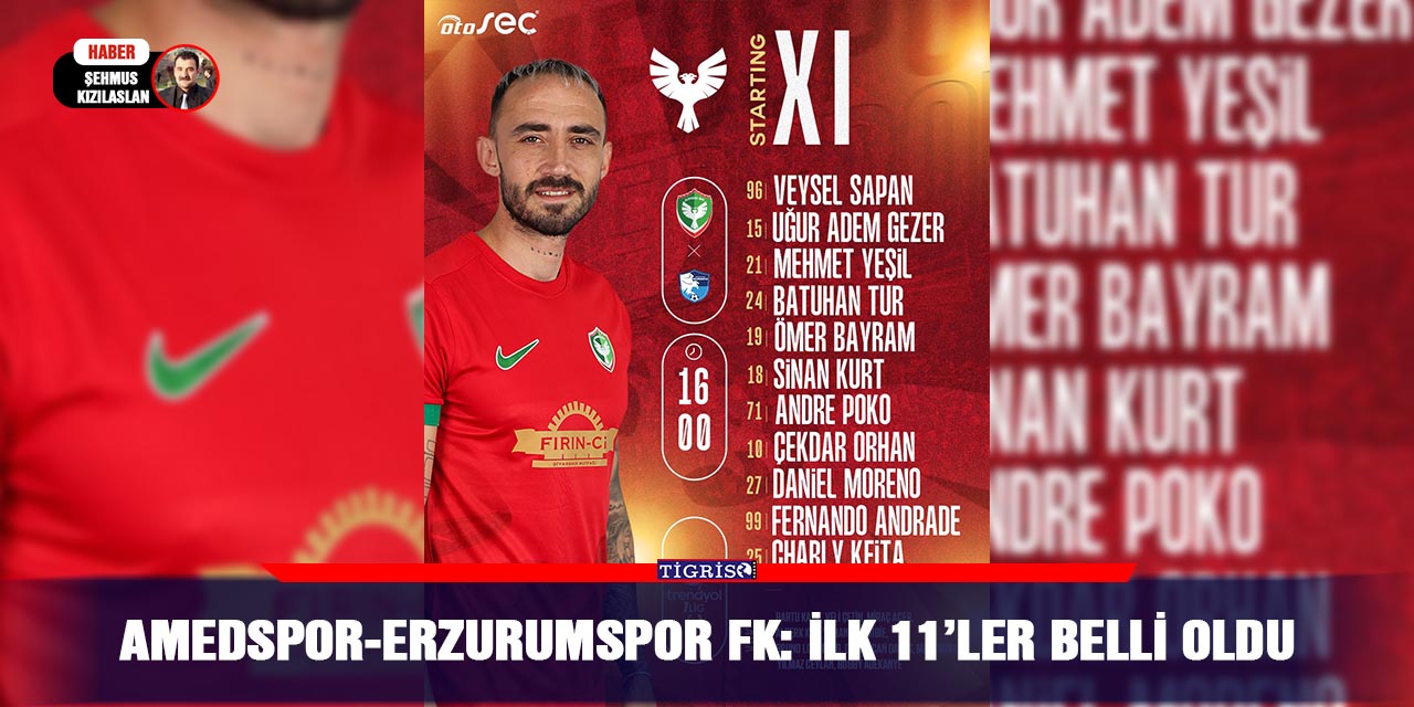 Amedspor-Erzurumspor FK: İlk 11’ler belli oldu