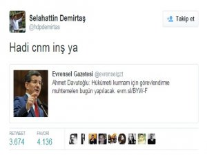 Demirtaş'tan Davutoğlu'na: Hadi Cnm İnş Ya!